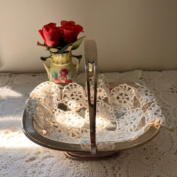Vintage Silver Plate Pedestal Handled Basket with Tatted Doily - S&S Stamped - Picture 10 of 10